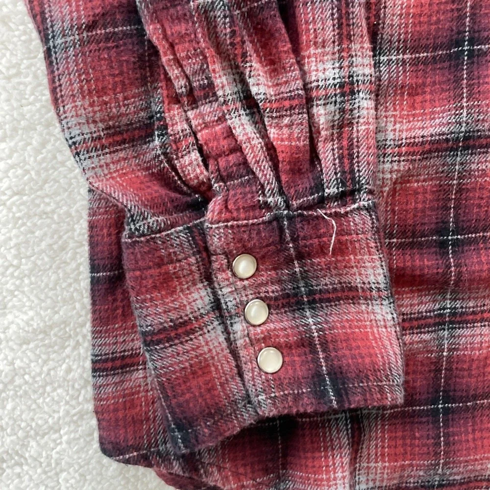 90s Vintage Wrangler Wrancher Mens XL Shirt Red Plaid Flannel Western Pearl Snap